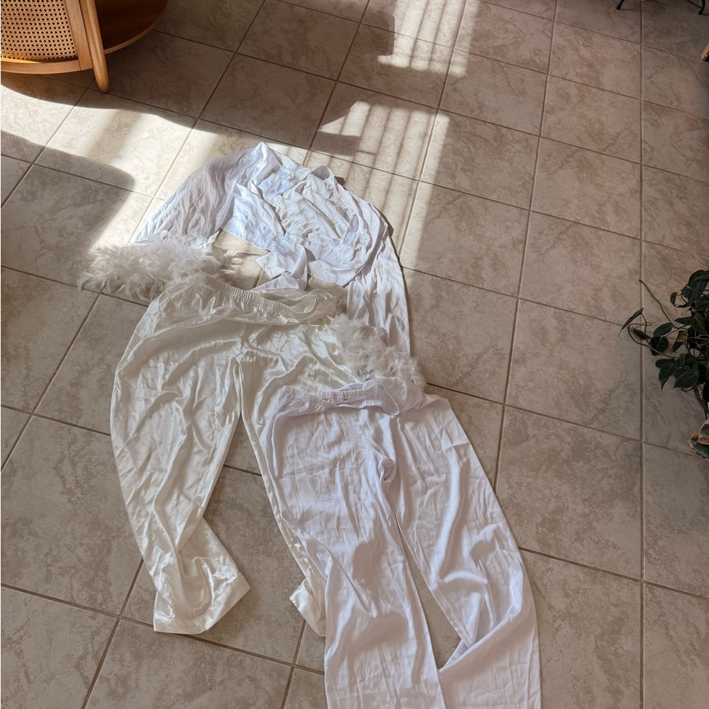 White Feather Trim Pajama Set